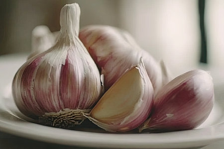 Close-up image of several heads of garlic, nestled together on a white plate.  The image highlights the intricate textures and natural colors of the bulbs. A section of one bulb is sliced open, revealing the interior.の素材