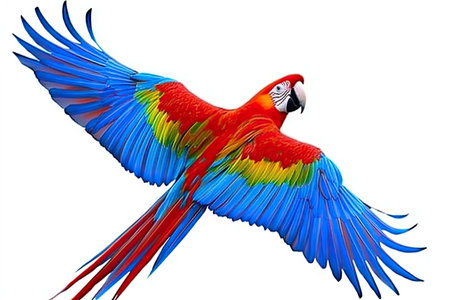 Digitally created image of a macaw in flight, showcasing detailed plumage in vivid colors against a plain white background. The bird's wings are outstretched, and the image highlights the intricate feather patterns and the vibrant hues of red, blue, yellow, and green.  The image is well-lit and focused on the subject, providing a clear view of its form and features.の素材
