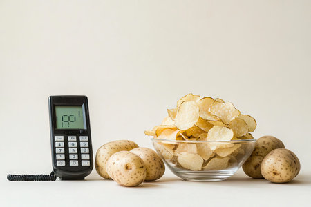 Glass bowl filled with potato chips is positioned beside whole potatoes on a white surface. A small digital calculator is also visible in the image.の素材