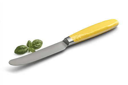 Stainless steel knife with a bright yellow handle, displayed against a white background.  Fresh basil leaves are visible in the foreground, further emphasizing the kitchen setting. The knife's blade and handle are in focus.の素材