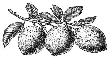 Detailed graphic illustration of three limes set on a branch with leaves.  The style is vintage-inspired, with a meticulous, hand-drawn quality.  The image uses a black and white coloring scheme.  The image depicts the intricate details of the fruit and leaves, emphasizing the texture and form.の素材