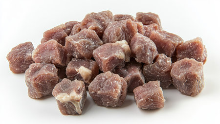 Pile of small, cubed pieces of raw meat, suitable for cooking. The meat is a reddish-brown color and is presented on a white background.の素材