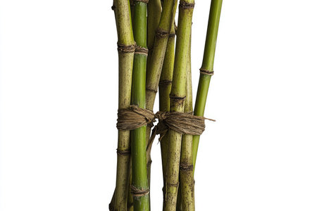 Close-up image of several bamboo stalks tied together with twine, showcasing their natural textures and vibrant green hues against a plain white background.  The focus is on the intricate details of the stems and the bound portion.の素材