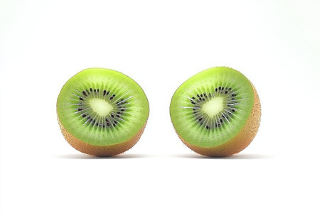 Two halves of a vibrant green kiwi fruit, cut in half, with visible seeds and a light yellow interior, displayed against a simple white backdrop.  The image showcases the fruit's details in sharp focus.の素材