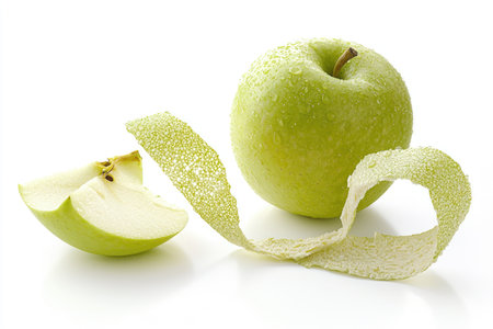 Whole, fresh, vibrant green  with water droplets, along with a slice and peeled section of the . The image shows the textures of the , peel, and sliced sections in detail.の素材