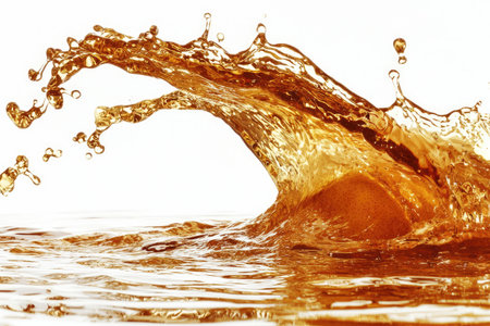 Close-up image of a splash of golden liquid cascading and flowing across a surface, showcasing vibrant color and detailed textures.の素材