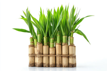 Visually appealing display of multiple bamboo stalks, arranged in a decorative pattern, showcasing the vibrant green leaves and the light brown stalks. The image is well-lit, and the stalks are arranged in a pleasing way against a white backdrop.の素材