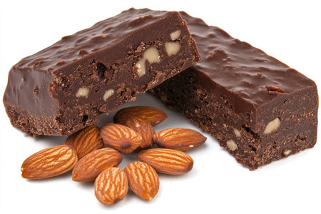 Two pieces of a dark chocolate almond fudge bar, with scattered almonds, are displayed on a white surface. The fudge bar is layered with visible nuts and is coated in a glossy dark chocolate.の素材