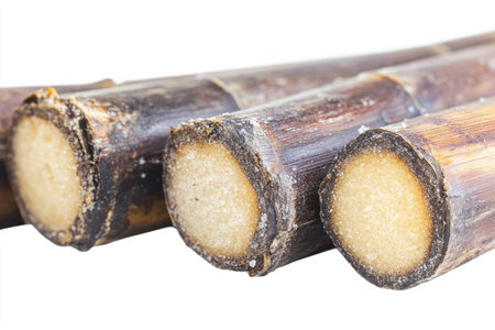 Close-up view of several pieces of sugar cane, showing the cut cross-sections and the brown exterior.  The inner sections of the sugar cane show a light beige color and a granulated texture.の素材