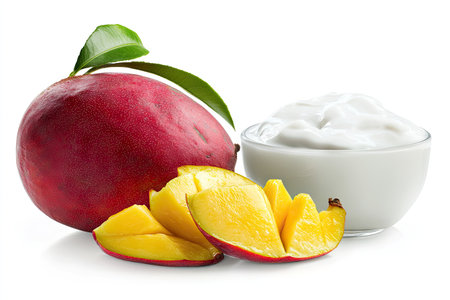 Whole red mango and slices of the same mango, with a bowl of creamy white yogurt, all on a white background.の素材