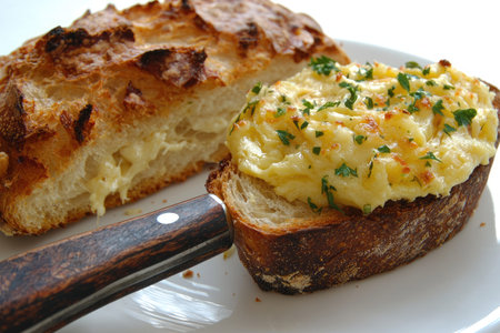 Close-up view of a slice of toasted bread topped with a melted cheese spread and sprinkled with fresh parsley. A second slice of the same type of bread is visible behind and slightly below the main slice, showing its melted cheese filling. The image showcases the texture and appearance of the food.の素材