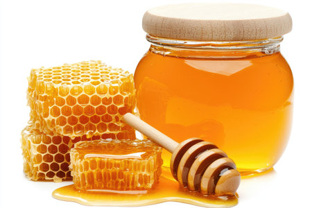 Honeycomb pieces and a jar of honey with a wooden honey dipper.  The honey is a golden orange color, and the honeycomb is a light golden color.  The image is a close-up view.の素材
