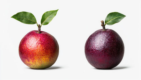 Two whole fruits, one red and one deep purple, are shown in a  shot against a white background. Each fruit has a small stem and two green leaves positioned at the top. The fruits' surfaces display distinct textures, and the lighting highlights the colors.の素材
