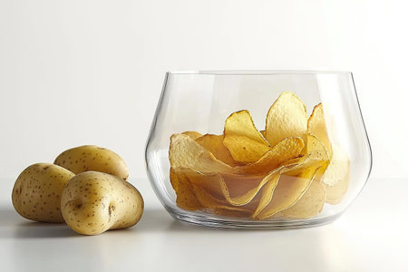 Clear glass bowl filled with potato chips sits next to a group of fresh potatoes on a white surface.  The chips are a golden color and appear crisp. The potatoes are a light brownish yellow color.  The bowl and potatoes are well-lit against a plain white background.の素材