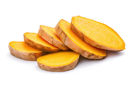 Close-up view of several slices of turmeric root laid out in a slightly overlapping stack. The slices are a vibrant yellow-orange color with visible sections of the root's interior. The slices are positioned against a plain white backdrop, which isolates them for visual clarity.の素材