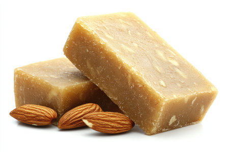Two bars of light brown confectionery with almonds are shown in close-up view. The bars have a mottled, textured appearance and are placed on a white background with a few whole almonds beside them.の素材