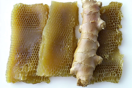 High-angle close-up view of several pieces of honeycomb and a piece of ginger root, arranged on a white surface.  The honeycomb pieces show the intricate cellular structure. The ginger root is whole and displays its characteristic lines and texture. The image highlights the natural colors and textures of both ingredients.の素材