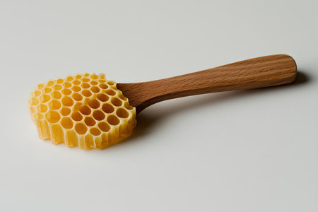 Honey-colored honeycomb sits atop a natural wooden spoon, showcasing the intricate patterns of the bee-made structure and the smooth, light brown wood of the utensil. The image is well-lit and isolated against a plain white background, highlighting the details of the honeycomb and the spoon.の素材