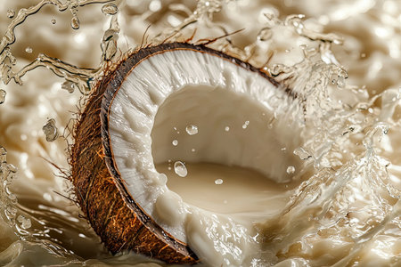 Close-up image of a cracked coconut, with water splashing around it. The coconut is positioned in the center of the image, and the water droplets are dispersed around the coconut. The image emphasizes the texture of the coconut shell and the white flesh inside, as well as the splashes of water. The image is taken with a high level of detail.の素材