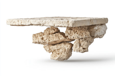 Light beige stone shelf, with a textured, uneven surface,  is presented against a pure white background. The shelf has a multi-layered design, resembling stacked or clustered rocks. Its form is abstract and visually interesting. The lighting is even and highlights the texture of the stone.の素材