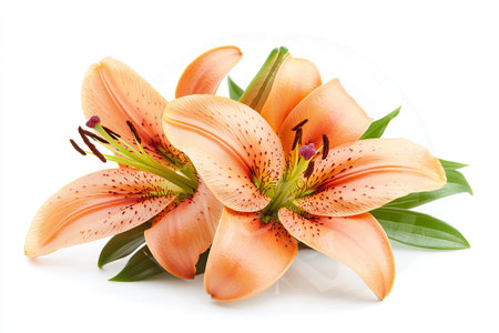Close-up image of two peach-colored lilies with green leaves. The flowers are in sharp focus against a plain white background, showing the intricate details of the petals and stamen.の素材