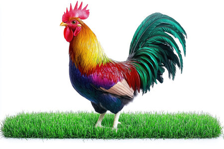 Vibrant rooster with multicolored feathers, standing on a patch of green grass against a white background. The rooster is in a lively pose and stands out due to the bright colors of its plumage.の素材