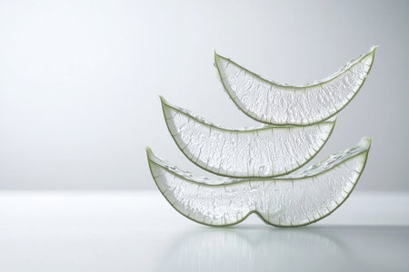Three translucent slices of aloe vera leaves are arranged in a stack, showing the intricate textures and water droplets on the surface. The slices are positioned in a way that accentuates their translucence and detailed structures. The overall presentation is minimalist and elegant.の素材
