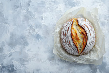 Round loaf of artisan bread, positioned on a sheet of parchment paper, resting atop a light gray textured surface. The bread's crust is golden brown and has a slightly rough, textured surface, with visible scoring. The bread is placed on the parchment paper. The paper is smooth and plain. The surface it's resting on has a light gray color with a mottled and textured appearance, like a painted or plastered wall.の素材