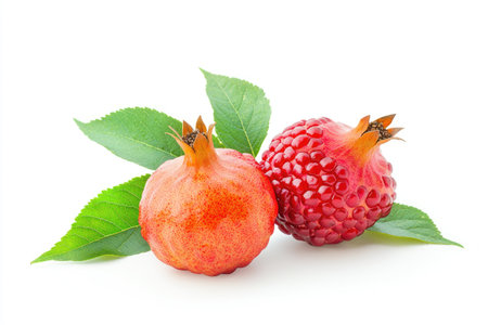 Two pomegranates, one reddish-orange and one bright red, with green leaves, presented against a pure white backdrop.  The pomegranates are in focus, while the leaves and background are completely clear. The image showcases the fruit's vibrant colors and the fresh appearance of the leaves.の素材