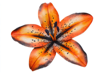 Highly detailed close-up photograph of a single orange and black speckled lily flower, isolated against a white background.  The image showcases the intricate patterns and vibrant colors of the petals.の素材