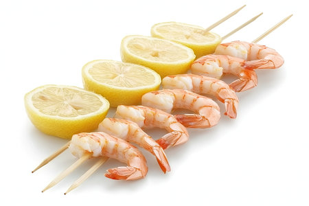 Close-up image of cooked shrimp skewers with lemon slices arranged on a white background. The shrimp are on wooden skewers and interspersed with lemon slices. The image is well-lit and the colors are vibrant.の素材
