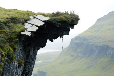Close-up view of a narrow cliffside walkway that is supported by a rocky overhang.  The walkway is covered in a layer of grass and small plants, and the surrounding landscape includes rolling hills and mountains.の素材