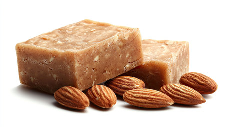 Two blocks of light-brown nougat, studded with almonds, positioned together on a white background. A few whole almonds are scattered around the base of the nougat blocks.の素材