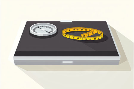Digital scale with a measuring tape resting on top. The scale and tape measure are displayed in an illustration style.の素材