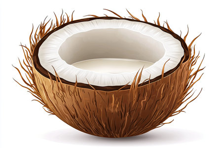 High-resolution, detailed illustration of a halved coconut, showcasing the intricate texture of the brown shell and the white flesh inside. The coconut is presented in a visually appealing, realistically rendered style against a plain white background.の素材