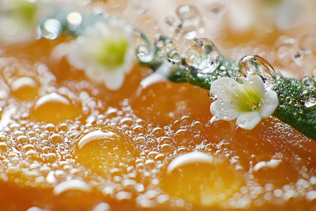 Close-up view of a small white flower delicately positioned on a stem, surrounded by water droplets and air bubbles. The image showcases the intricate details of the flower's petals and the stem's texture. The background is a blurred, saturated orange, creating a visually captivating image.の素材