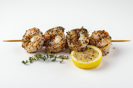 Close up view of three spiced shrimp skewers, arranged on a white background,  with fresh herbs and a slice of lemon.の素材