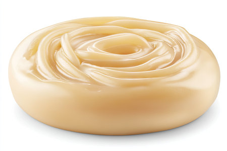 Close-up image of a round, light beige confectionery item, exhibiting a swirl pattern and a smooth, creamy texture. The item is isolated against a white background. The focus is on the detailed texture and color of the confection.の素材