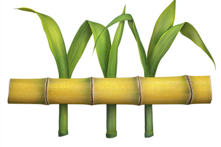 Detailed image of multiple sugarcane stalks with their bright green leaves. The stalks are a light yellowish-tan color and have distinct segments.  The image shows the texture and natural form of the stalks and their connection to the leaves. The image is well-lit and isolated against a white background.の素材