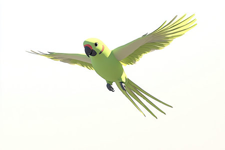 Digitally created illustration of a lime green parrot in mid-flight, set against a plain white background. The parrot's wings are outstretched, and the image displays detailed features like the beak and tail feathers. The colors are bold and bright, creating a visually appealing design.の素材
