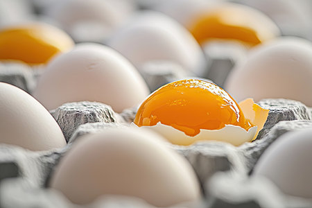 Close-up view of a broken egg yolk in its carton.  The yolk is a bright orange and is nestled in the broken shell of the egg.  Surrounding eggs are also visible in the carton.の素材