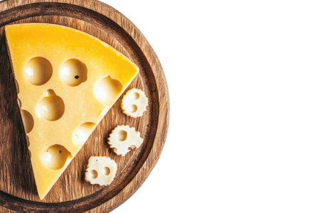 Triangular piece of swiss cheese with holes is arranged on a wooden round board, with some small, separate cheese pieces beside it.  The image is of a top-down view.の素材