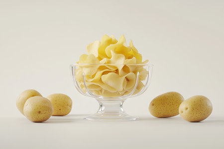 Shot of potato chips arranged in a glass bowl, alongside whole potatoes. The image features a simple, clean background and highlights the texture and color of the food items.の素材