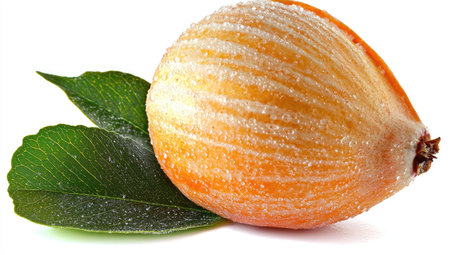 Detailed close-up image of a single, wet, orange fruit resting on two green leaves.  The fruit's skin shows a textured surface and water droplets. The leaves are vibrant green and also covered in small water droplets.  The image is set against a plain white background.の素材