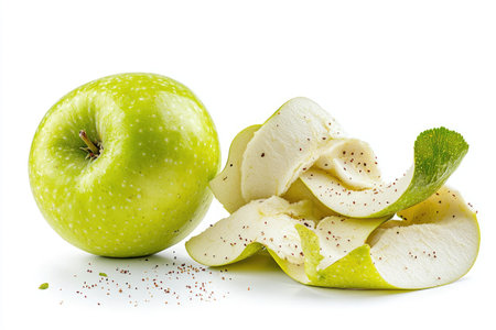 Vibrant green  with its peeled sections arranged artfully on a white background.  The  peel is in sections, and the sections are piled around the , with some scattered seeds and spices around the base.の素材
