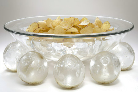 Large glass bowl filled with potato chips is centered on a group of four decorative, small, light-colored spheres, likely glass or ceramic.の素材
