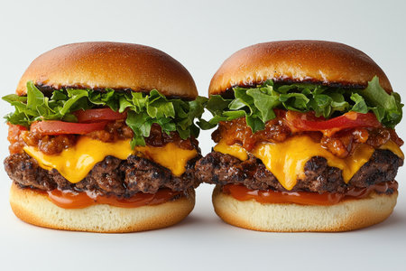 Close-up of two gourmet hamburgers on a white background. Each burger has a toasted bun, layers of melted cheddar cheese, savory ground beef, fresh lettuce, slices of tomato, and a spicy topping. A drizzle of sauce is visible on top of the patties.の素材