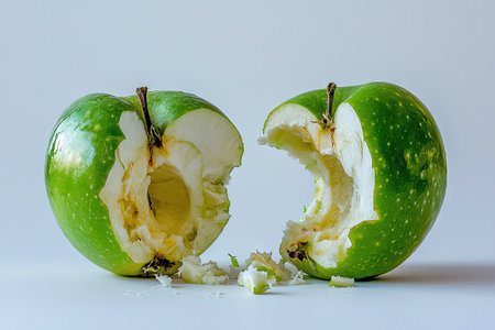 Close-up  shot of two halves of a green , each with a large bite taken out of it.  The  pieces are positioned next to each other, with pieces of  on the surface around them.の素材