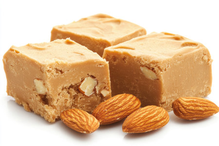 Three pieces of light brown fudge, each studded with almonds, are displayed against a plain white background.  The fudge is presented in a close-up view, showcasing its texture and the almonds within.の素材