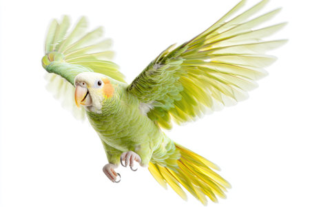 Vibrant green and yellow parrot with outstretched wings in a  shot against a white backdrop.  The bird is in mid-flight, showcasing its detailed plumage and delicate features. The image is sharply focused and emphasizes the parrot's vibrant colors.の素材